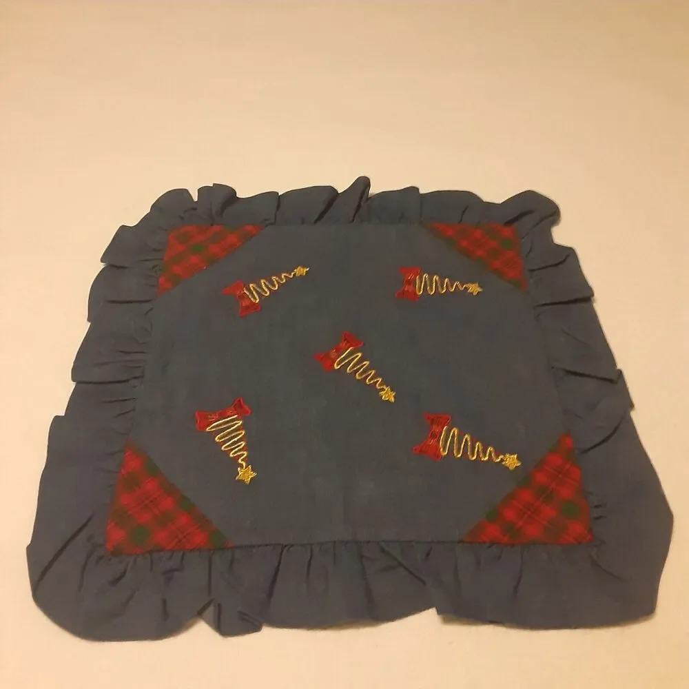 Handmade Embroidered Tartan Ruffled Zip Pillow Case Denim Tone Christmas